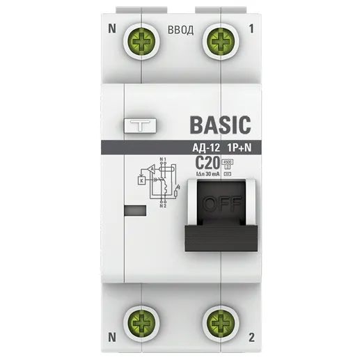 Дифавтомат 2Р 20А C тип AC 30мА 4,5кА 2мод АД12 EKF