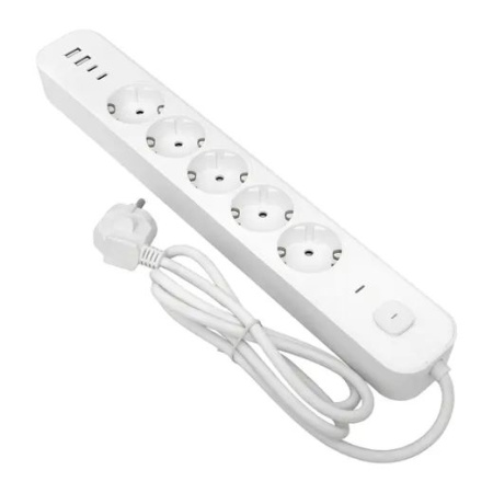 Удлинитель 5-мест 3м ПВС 3*1,5 белый выкл EKF  2USB 2,4А+2USBtype-С