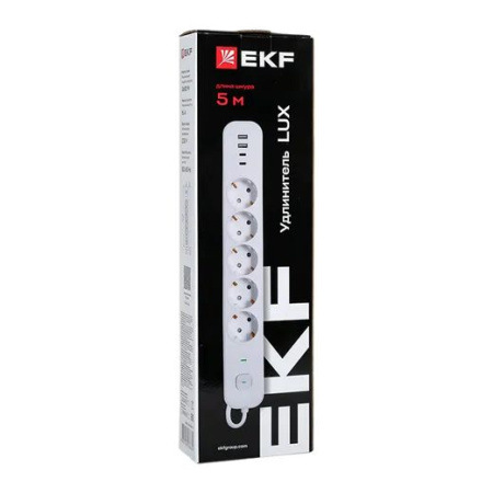 Удлинитель 5-мест 5м ПВС 3*1,5 белый выкл EKF  2USB 2,4А+2USBtype-С